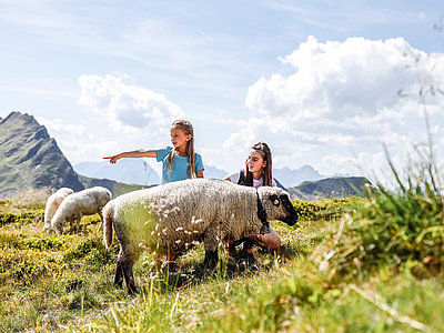 Kinder mit Schafen auf der Alm im Sommer